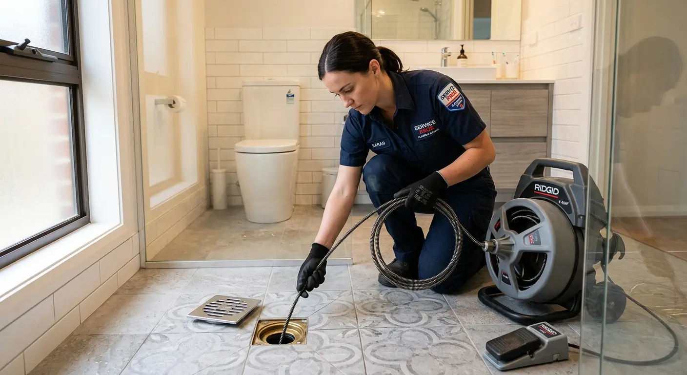Technician clearing a bathroom floor drain for Sewer Line Replacement in Troy